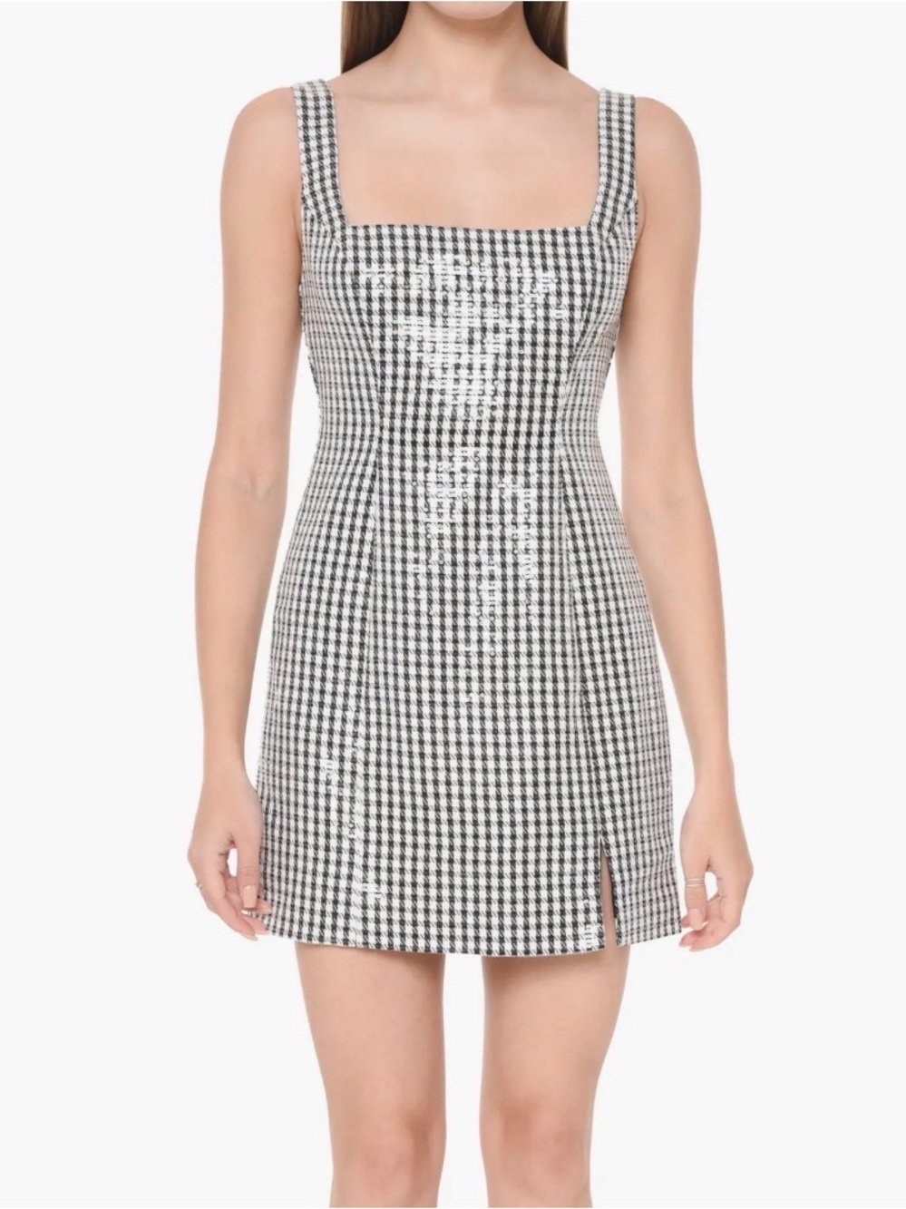 WAYF Icon Sequin Gingham Minidress in black and white